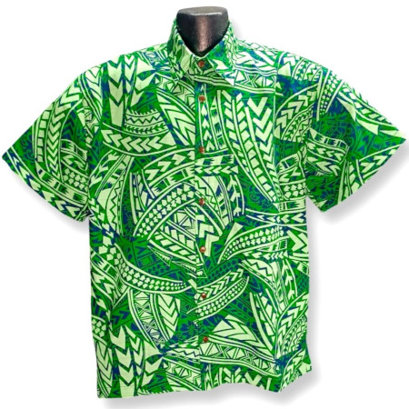 green tribal tattoo bark cloth Hawaiian shirt- Made in USA